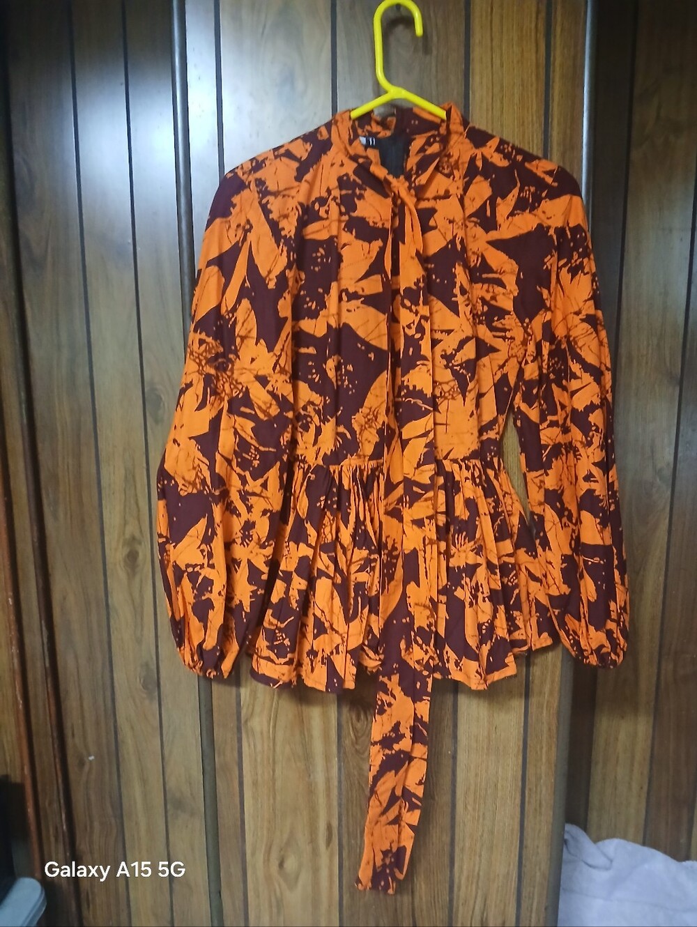 Tie-Neck Peplum Blouse in Orange and Maroon